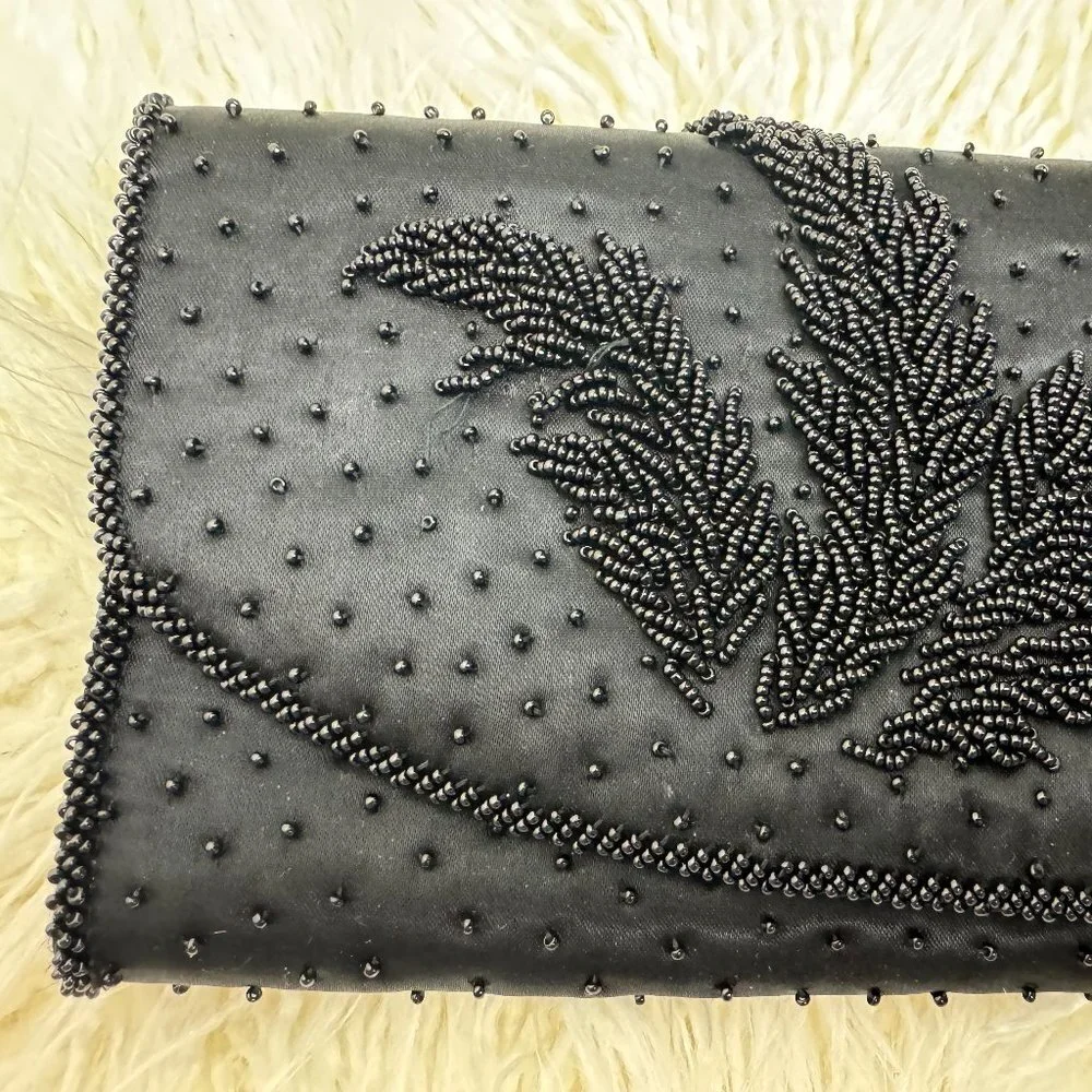 Vintage  Black Clutch  Bag Satin Beaded Event Evening Party Handmade Hong Kong
